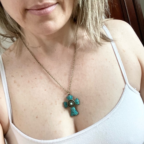 Turquoise Color Cross Necklace - Picture 6 of 6